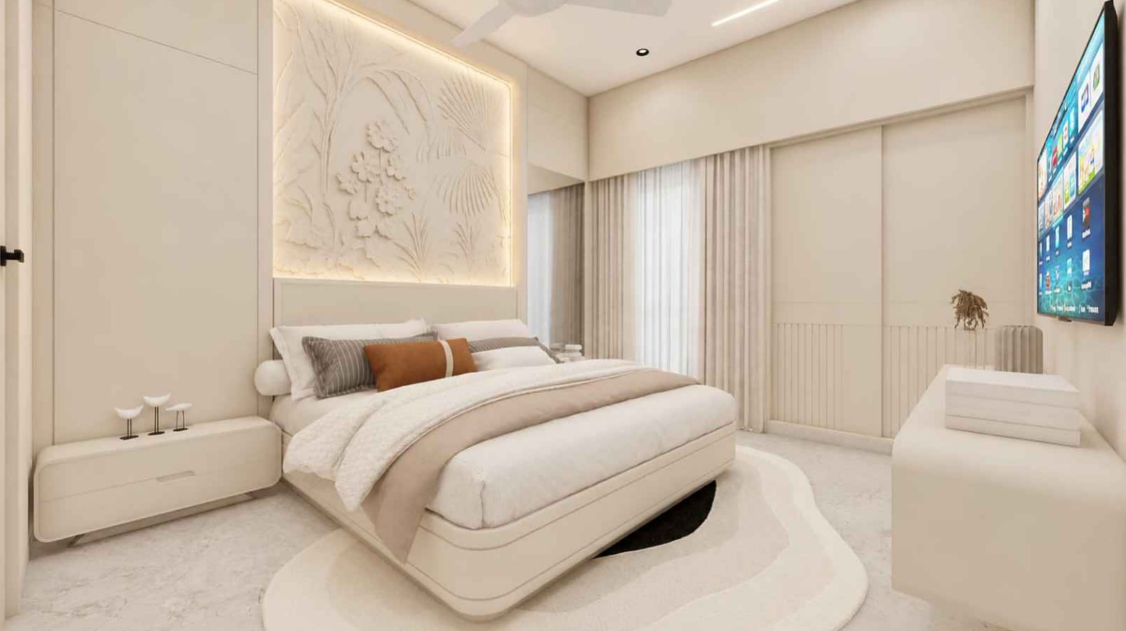 Pale master bedroom with a backlit embossed wall panel