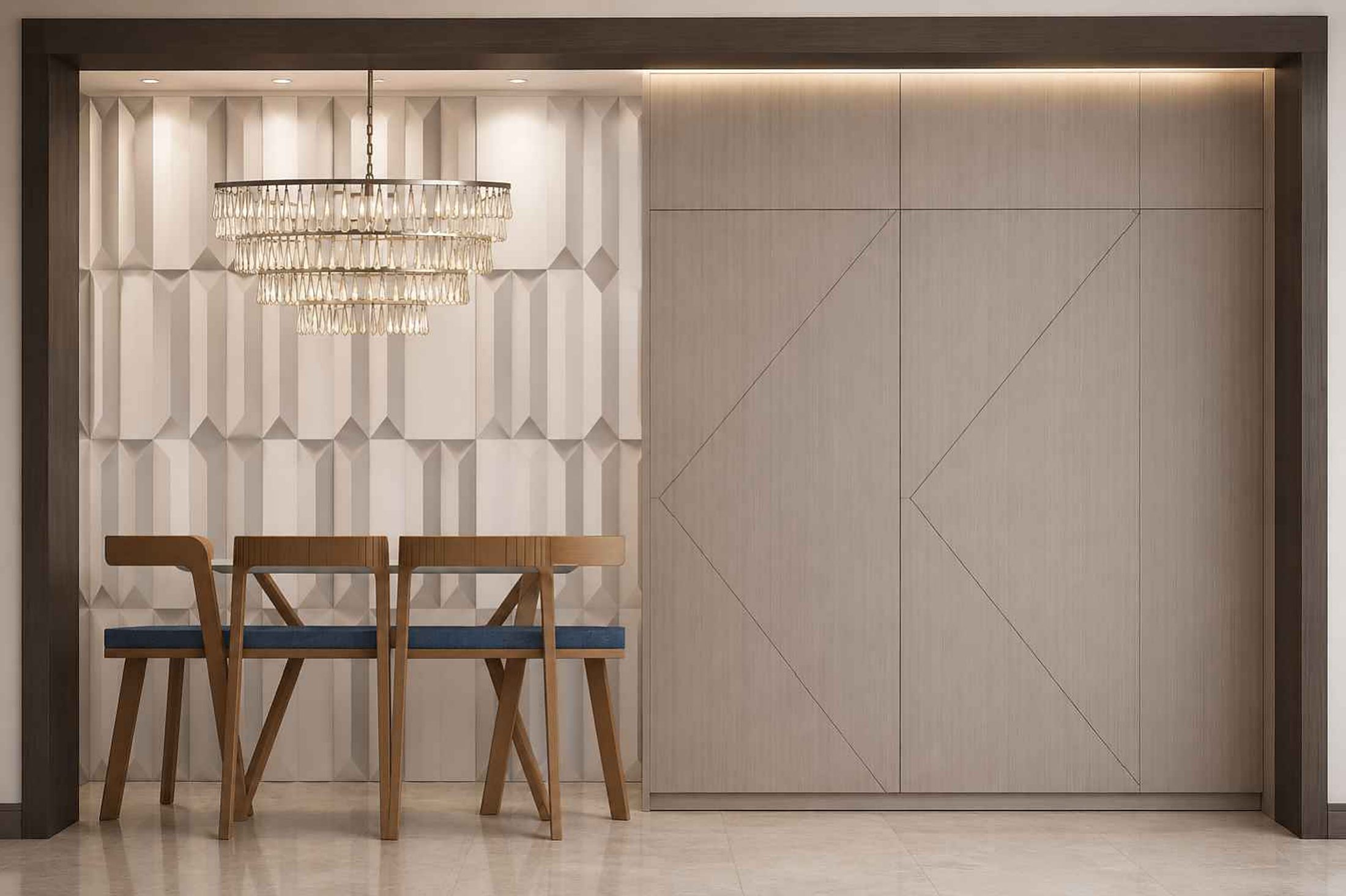 Dining wall of folded panels under a crystal chandelier