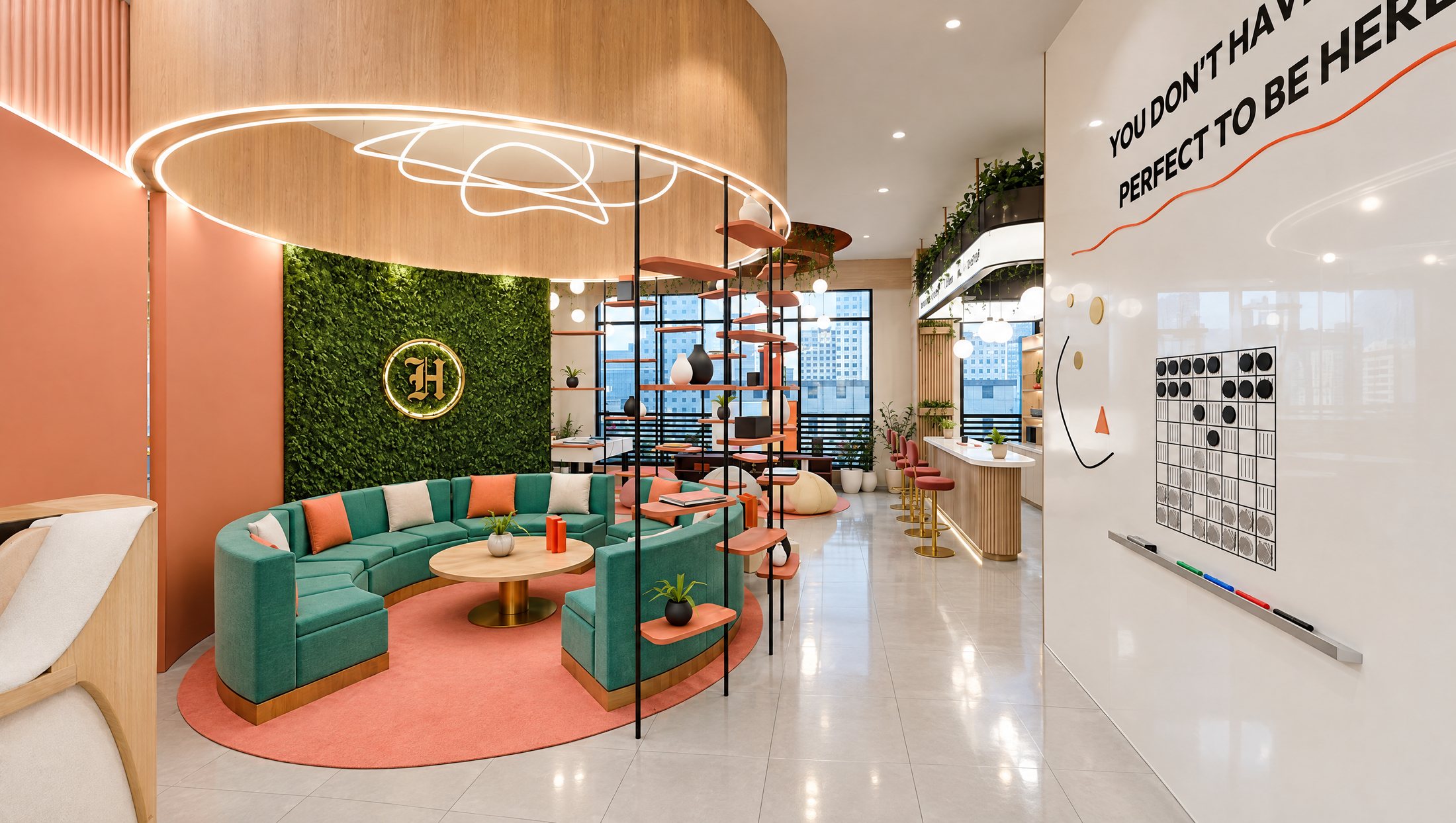 Reception lounge at Human Design Academy with a round green sofa and peach walls