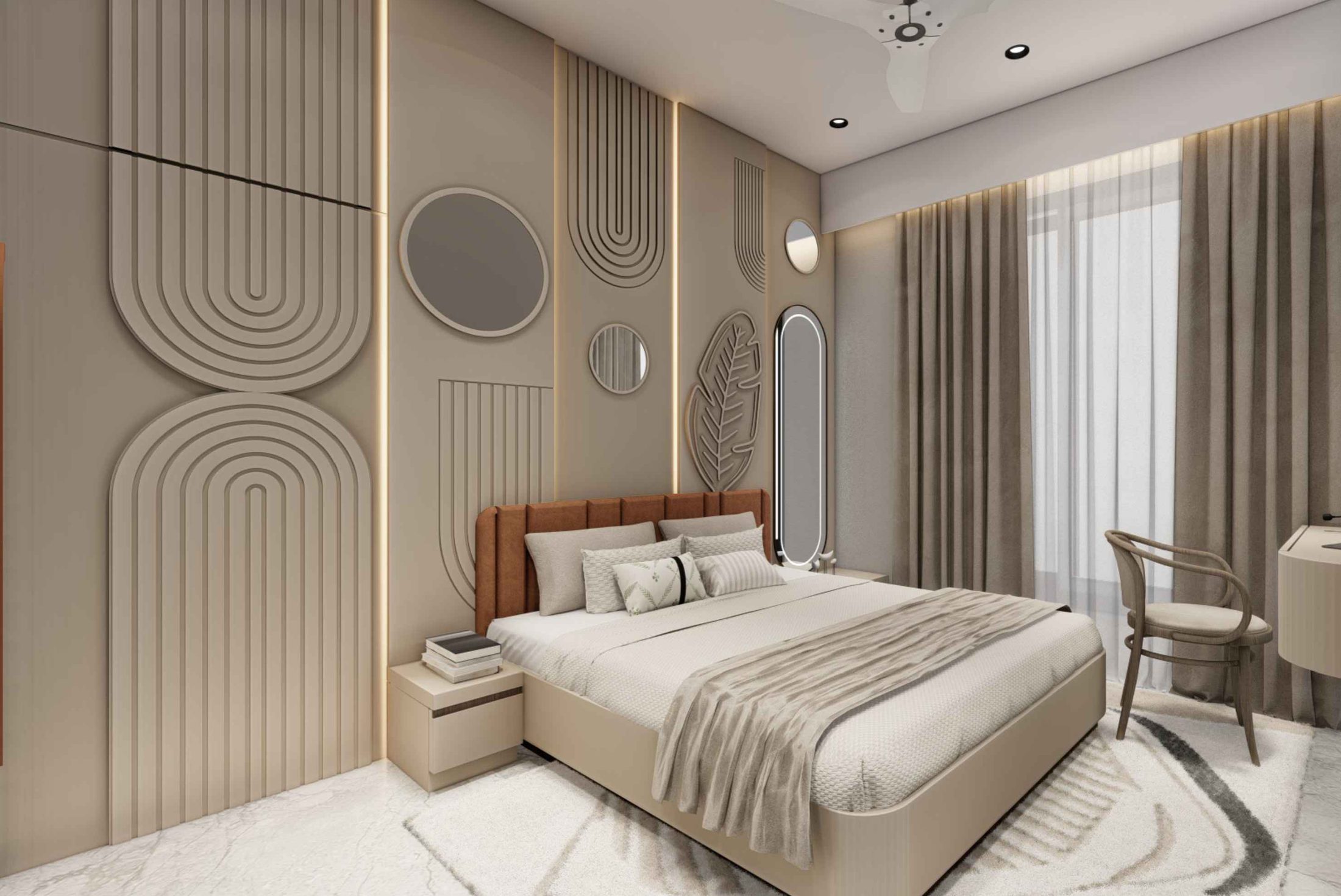 Bedroom with stacked arched wall panels and a terracotta headboard