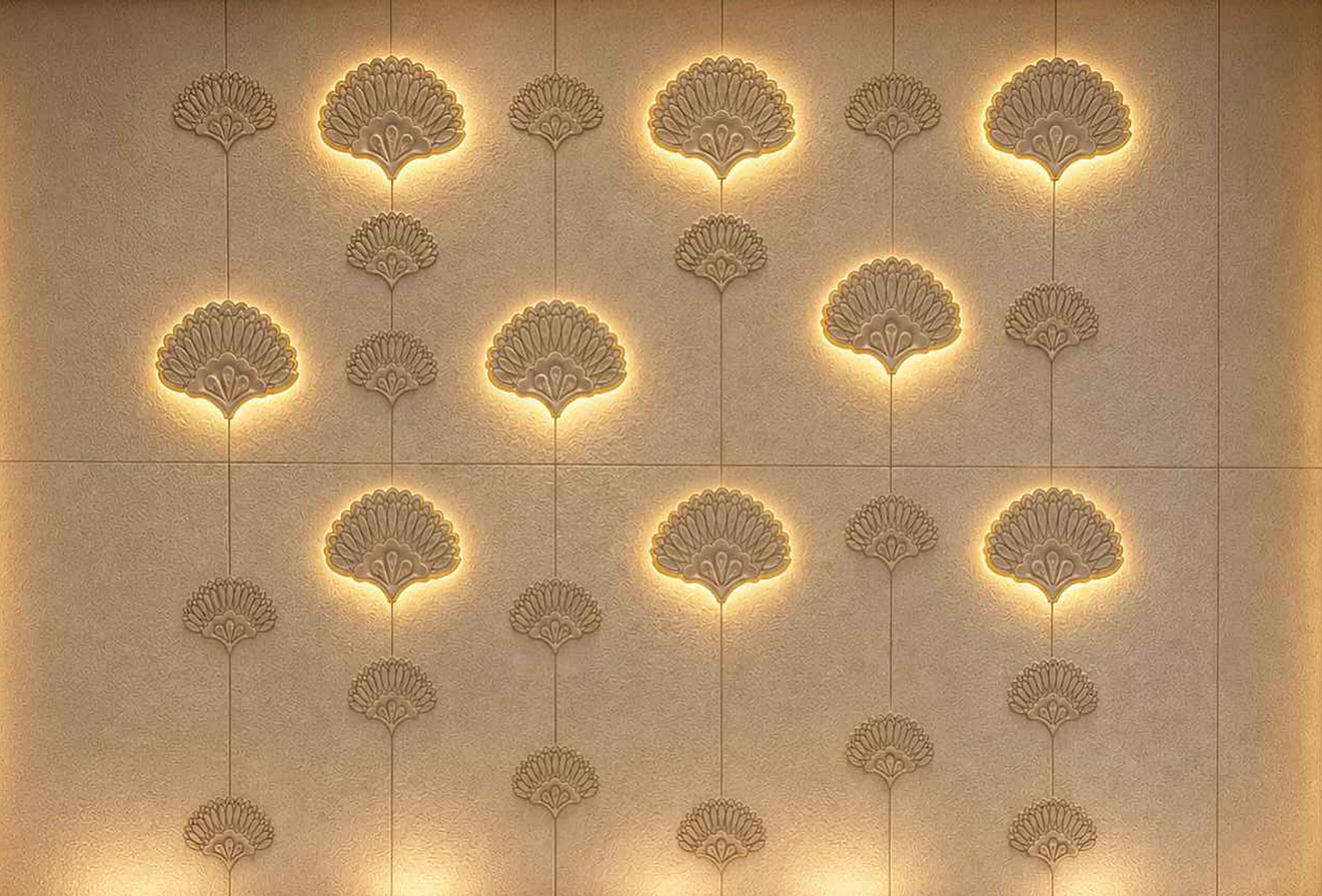 Foyer wall with backlit gingko leaves