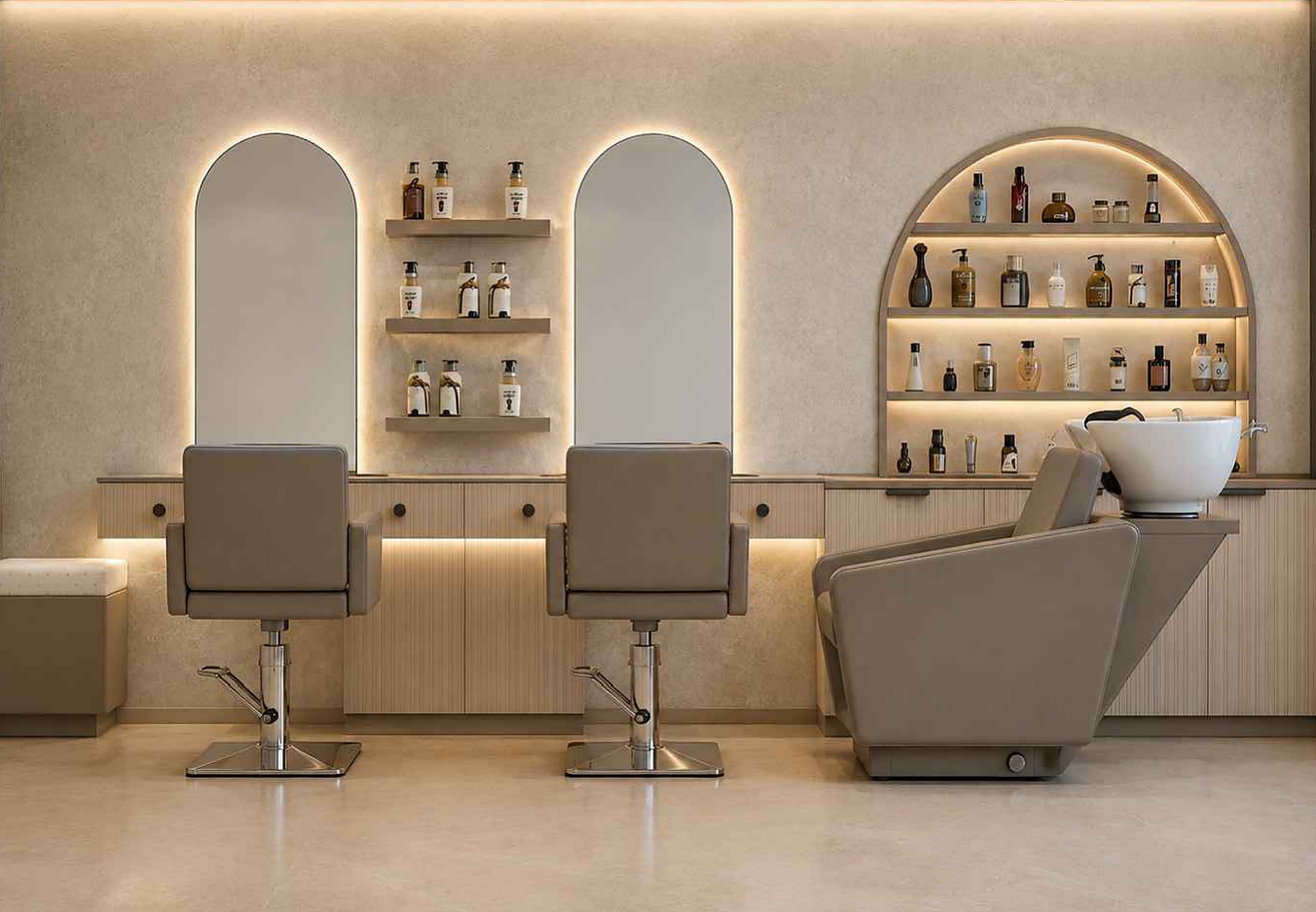 Salon with two arched mirrors and a lit shelf niche
